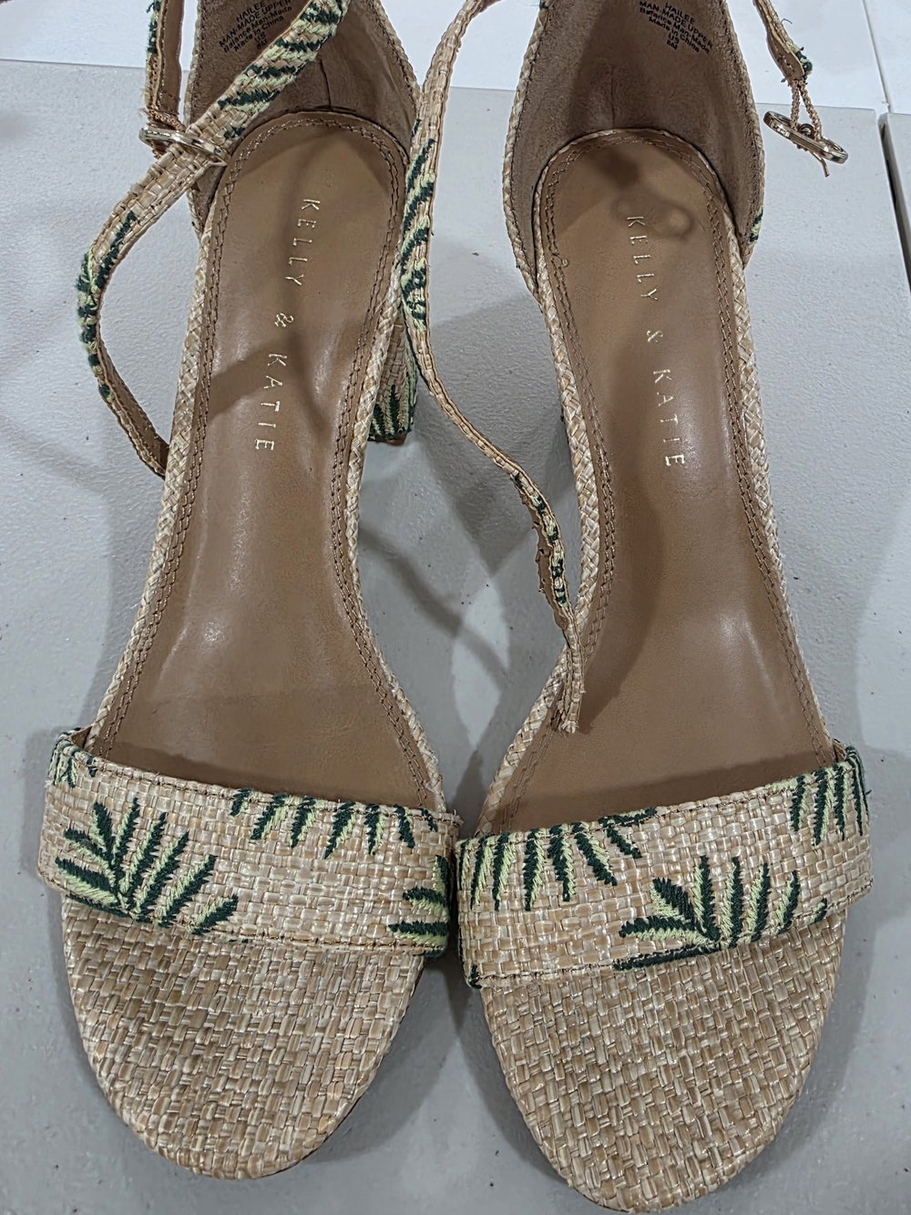 Kelly & Katie Beige Raffia Sandals with Green Leaf Embroidery